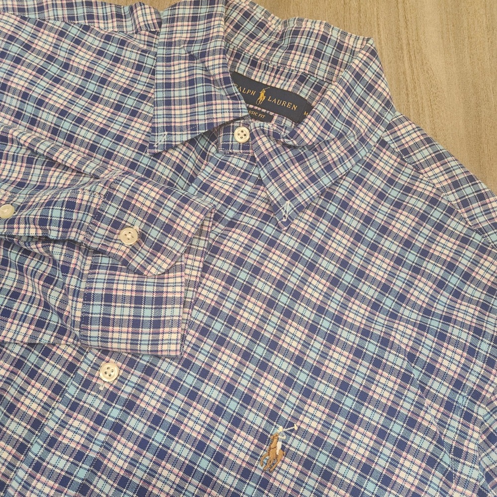 Ralph‎ Lauren Classic Fit Plaid Button Down Shirt Mens Medium Blue Pink